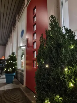 a christmas tree in front of a red door at Sognhostel in Sørbø