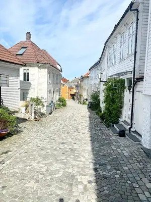 a cobblestone street in a town with white houses at Nedre Stølen Apartment Bergen in Bergen