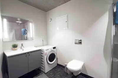 a bathroom with a washing machine and a toilet at Panoramaresort in Hardangerfjorden leilighet i sjøkanten ved Hardangerfjorden for 7 personer boat , sauna,kajak, SUP for rent in Øystese