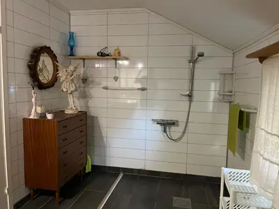 a bathroom with a shower and a dresser with a mirror at Iris Vedal in Nauste