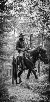 a man riding a horse in the woods at Fjelleventyret gårdsovernatting in Skjåk