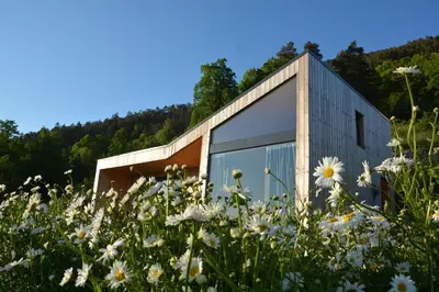 a building with a field of flowers in front of it at Hardanger Fjordtun PANORAMA cabin near the Hardangerfjord with fantastic fjordview, silence and nature in Herand