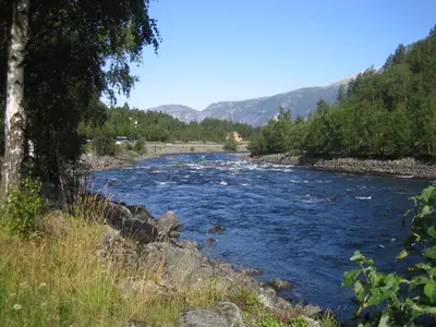 a river with rocks and trees on the side at Kvamsdal Pensjonat 4 in Eidfjord
