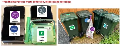 two pictures of two trash cans with signs on them at Private house-terrace-garden -parking-WiFi-smartTV in Trondheim