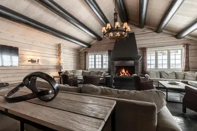a living room with a couch and a fireplace at Storelia in Hemsedal