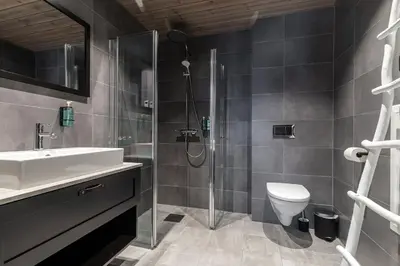 a bathroom with a shower and a sink and a toilet at Skigaarden in Hemsedal