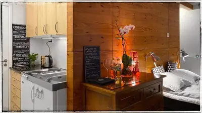 a kitchen with a counter with a sink and a stove at Bergvegen Guesthouse Aalesund in Ålesund