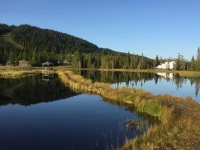 a view of a lake with a house in the background at Modern sports cabin on Sjusjøen with sauna and waxing room in Ringsaker