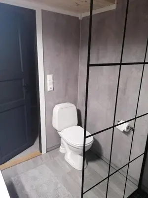a bathroom with a white toilet in a room at Sommerstue Hessdalen in Ålen