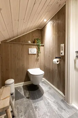 a bathroom with a toilet and a wooden wall at Lykkeli in Stranda