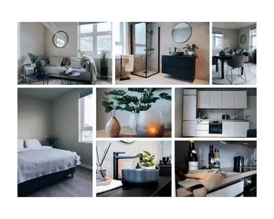 a collage of photos of a living room and a bedroom at Odda Apartments - 2BR & 3BR - Parking - T32 in Odda