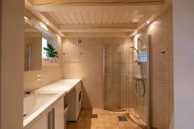 a bathroom with a shower and a sink at Flotunet - Anestova in Stryn