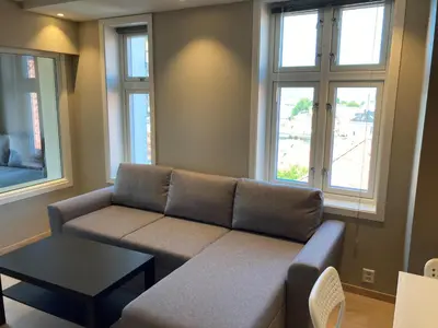 a living room with a couch and two windows at Skansen Apartments in Bergen