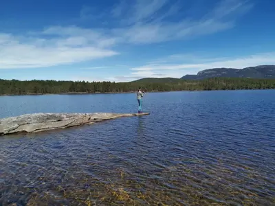 a man standing on a log in a lake at Bolkesjø Gaard in Notodden