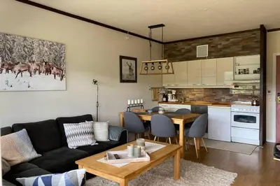 a living room with a couch and a table and a kitchen at Beste beliggenhet på Geilo. in Geilo