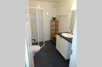 a bathroom with a toilet and a shower and a sink at Apartment Gaustablikk in Gaustablikk