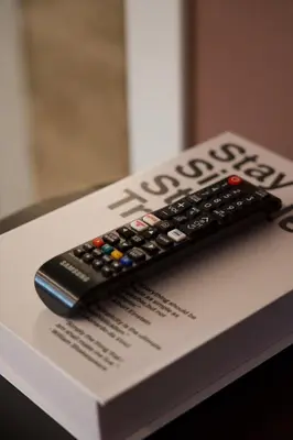 a remote control sitting on top of a book at ÅNDALSNES UNDERGROUND flat in Åndalsnes