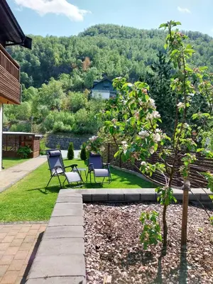 a patio with two chairs and a tree in the yard at Otnes Fjordside - Large 80m2 860sqft in Aurland