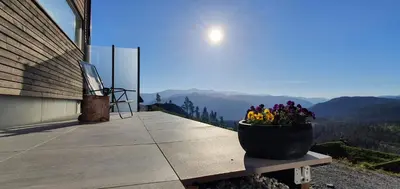 a vase of flowers sitting on a table with a view at Tiny mountain cabin with a panoramic view in Giljane