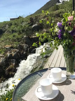 a table with two cups and a vase with flowers at Private apartments!Oppdal Alpintun, Skisenter-Stølen in Oppdal