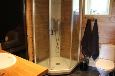 a shower in a bathroom with a toilet and a sink at Storemyr by Norgesbooking - cabin with amazing view in Hol