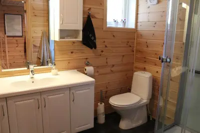 a bathroom with a toilet and a sink and a shower at Storemyr by Norgesbooking - cabin with amazing view in Hol