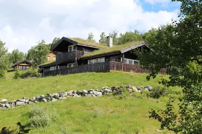 a house on top of a grassy hill at Storemyr by Norgesbooking - cabin with amazing view in Hol
