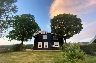 a black house on a field with two trees at Eika Cottage: Cozy, rural, spacious and well-equiped in Åmot