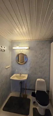 a bathroom with a sink and a toilet and a mirror at Røisheim in Tyinkrysset