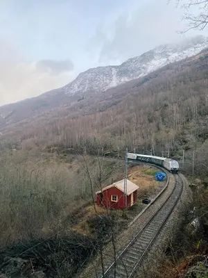 a train on the tracks next to a small house at Indreli feriehus in Flåm