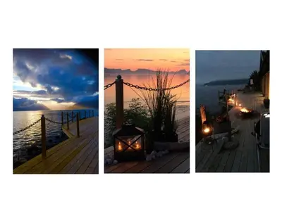 three different pictures of a sunset and a fire hydrant at Småstranda Fjord Lodge in Åheim
