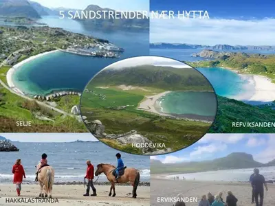 a collage of photos with people riding horses on the beach at Småstranda Fjord Lodge in Åheim