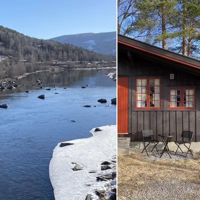 two pictures of a house next to a river at Vennebo - Koselig liten hytte med alle fasiliteter in Ål