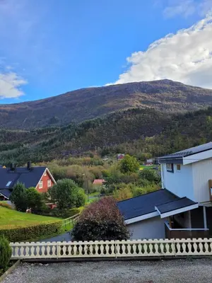 a view of a mountain from a house at Espeland in Bergen