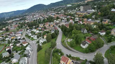 an aerial view of a small town in the mountains at Lillehammer Camping - Sentrums leilighet in Lillehammer