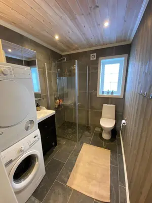 a bathroom with a washing machine and a toilet at Endely - ski inn / ut in Rauland