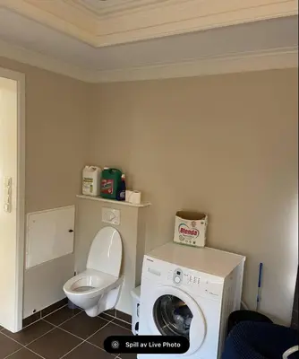 a bathroom with a toilet and a washing machine at Fjord Apartments in Dimmelsvik