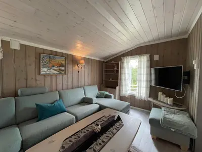 a living room with a couch and a tv at Sigurdhytta in Ål