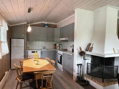 a kitchen and dining room with a table and a fireplace at Sigurdhytta in Ål