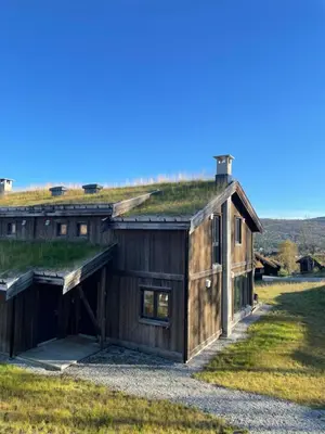a building with a grass roof on top of it at Geilo - Ny og flott hytte på budalstølen in Geilo