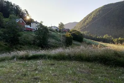 a kite is flying in a field of grass at Kråkehaugen Feriehus, a perfect holiday retreat near Åheim in Åheim