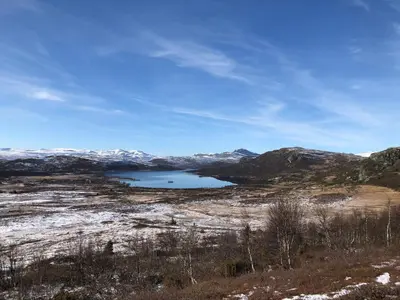 a lake in the middle of a field with mountains at Olebu in Skammestein