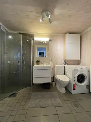 a bathroom with a shower toilet and a washing machine at Skarvebo - cabin with amazing view in Hol
