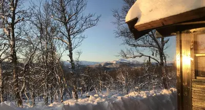 a room with a view of snow covered trees at Venehovda - cabin at 1000 masl in Ål
