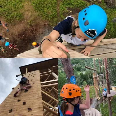 a collage of pictures of a girl on a zip line at Fagre Stryn Feriehus in Stryn