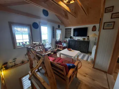 an overhead view of a living room with a couch at Fjordgaestehaus in Innfjorden