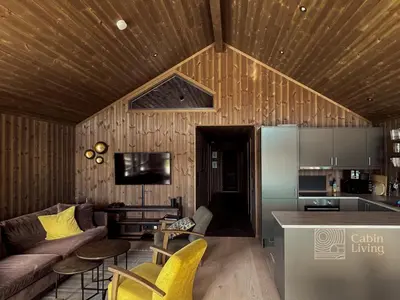 a living room with a couch and a kitchen at Unique cabin with fantastic lake view, sauna, ski & EV outlet in Svingvoll