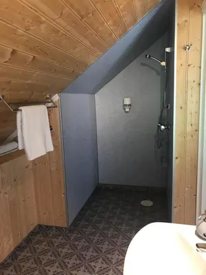 a bathroom with a shower and a toilet in it at Eide Gardshotell in Skjolden
