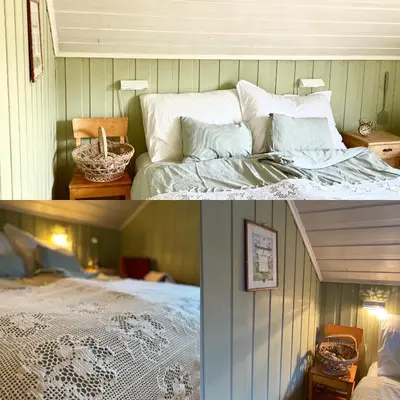 two pictures of a bedroom with a bed and a room with at Stort og autentisk hus i Skjåk - kort vei til Lom! in Skjåk