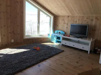 a living room with a television and a rug at Holiday cottage with 4 bedroom on 145m² in Sogndal in Sogndal